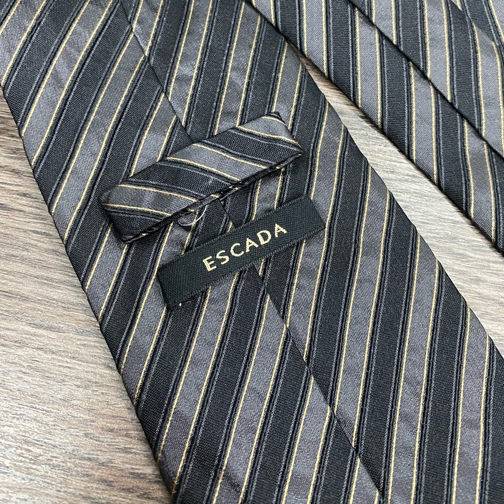 Escada Black, Grey & Gold Stripe Silk Tie